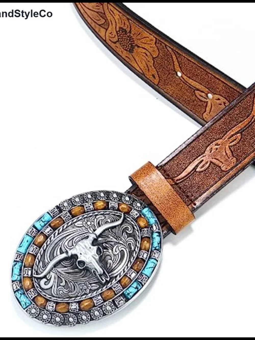 Western Cowgirl Leather Belt for Women Turquoise Oval Buckle Embossed Belt